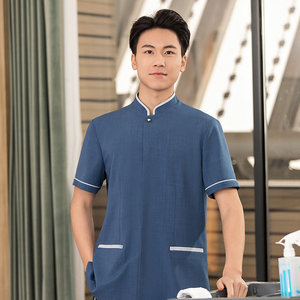 三角拼色领家政宾馆商场保洁服短袖上衣H01-2023-09男款