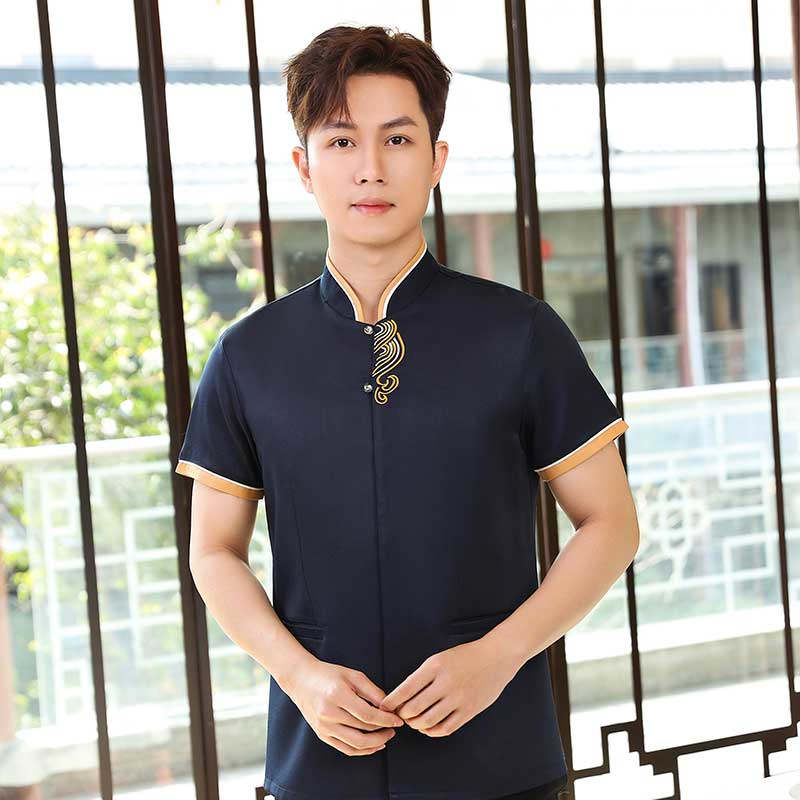 七彩祥云酒店餐厅服务员工作服短袖上衣+围裙H19-七彩祥云 男款图2