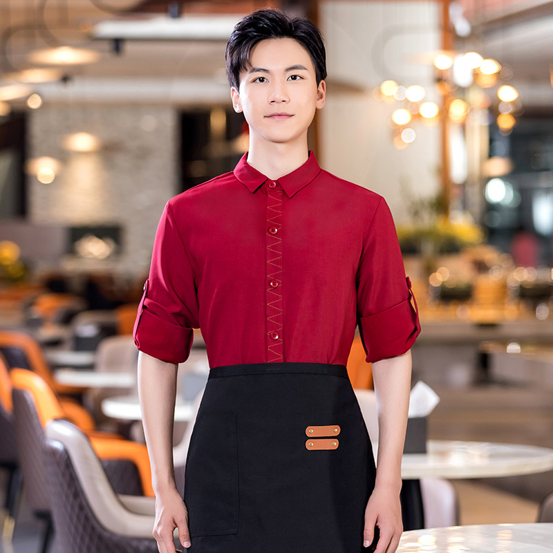 翻领明线衬衣餐饮服务员工作服（不含围裙）H01-2022-36男款图5