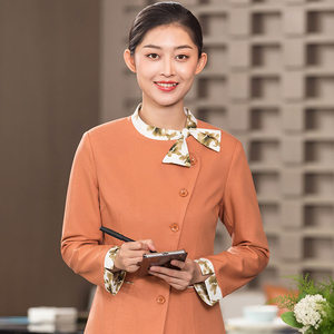 新中式中餐彩飘领服务员工作服长袖上衣H01-2023-34女款
