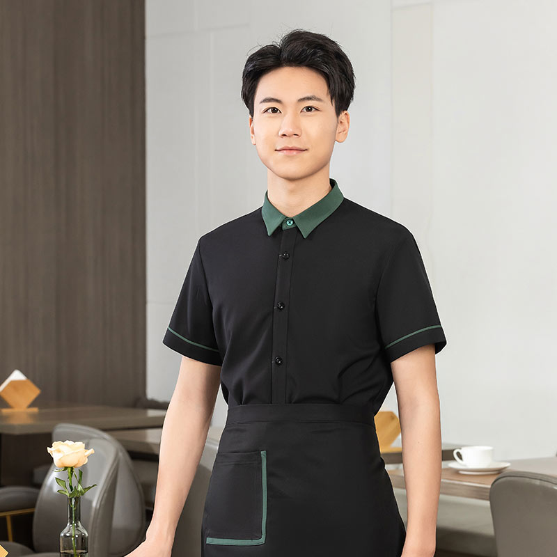 飘带领衬衣茶餐厅中餐厅服务员工作服短袖上衣+围裙H01-2023-03男款图4