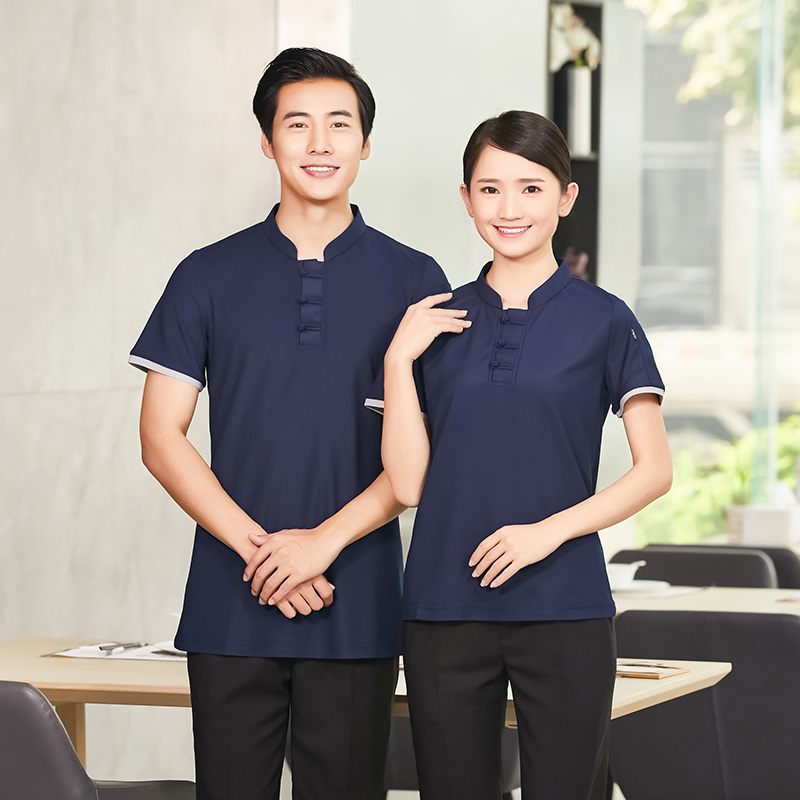 亚麻珠地网眼酒店餐厅服务员短袖工作服上衣H01-2020-8图3