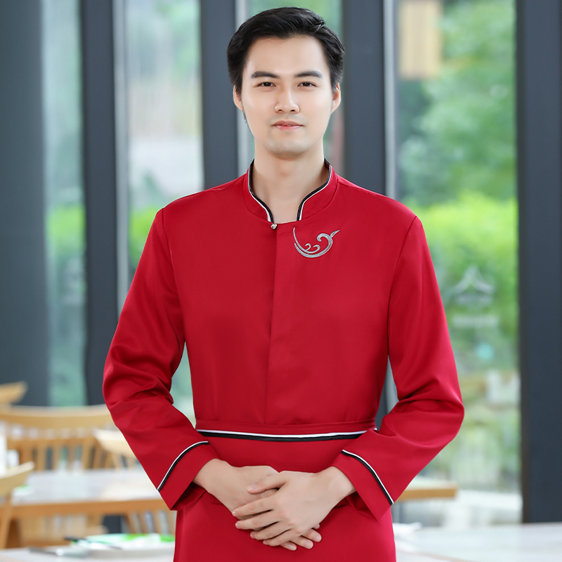 绣祥云服务员工作服长袖上衣+围裙男款H19-019-024男图4