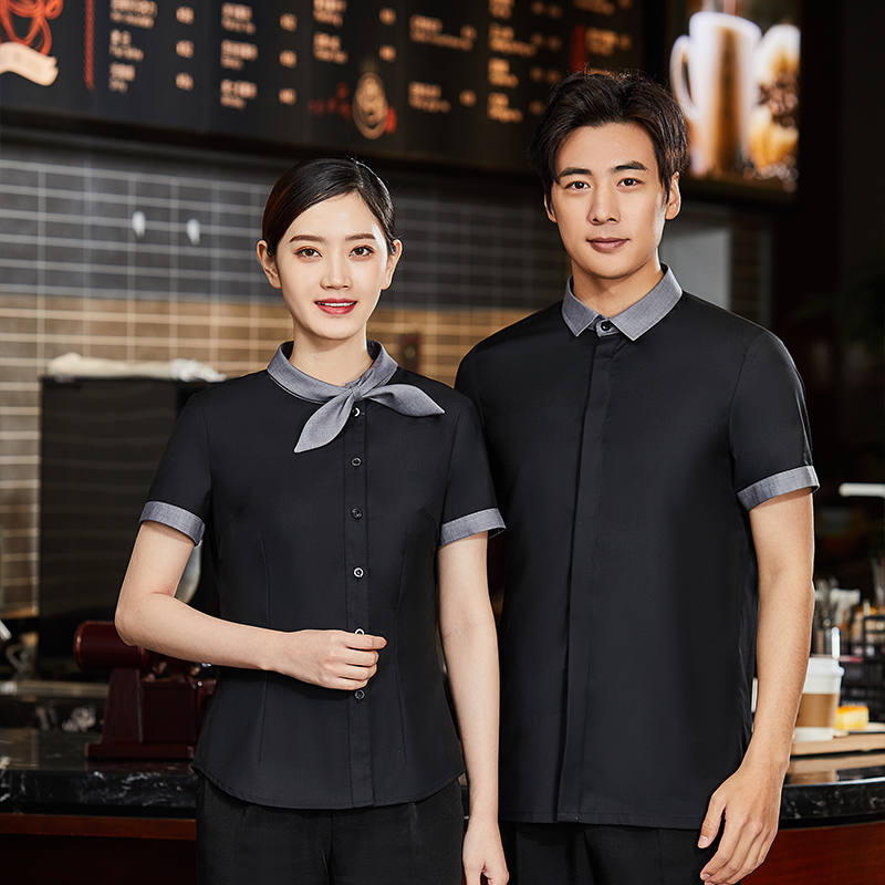 哔叽交叉领短袖服务员工作服上衣男款H01-2021-04图2