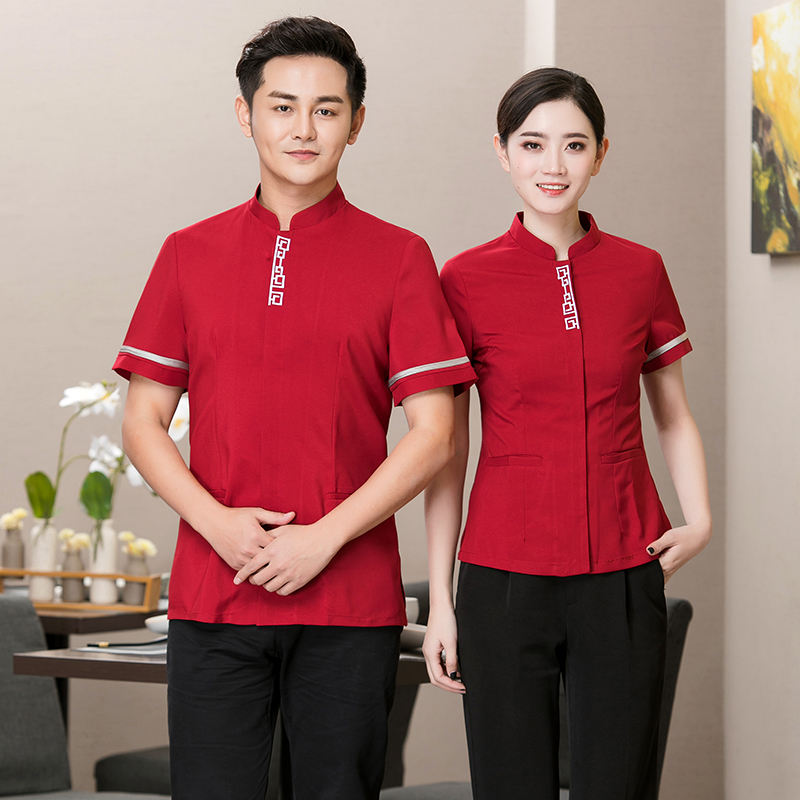 斜纹弹力中餐绣长城短袖服务员工作服上衣H01-6048图5