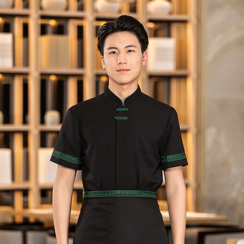 中餐双布扣茶餐厅中餐厅服务员工作服短袖上衣+围裙H01-2023-07男款图2