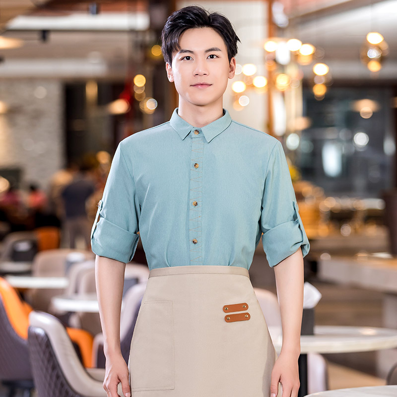 翻领明线衬衣餐饮服务员工作服（不含围裙）H01-2022-36男款图4