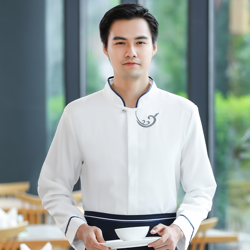 绣祥云服务员工作服长袖上衣+围裙男款H19-019-024男图3