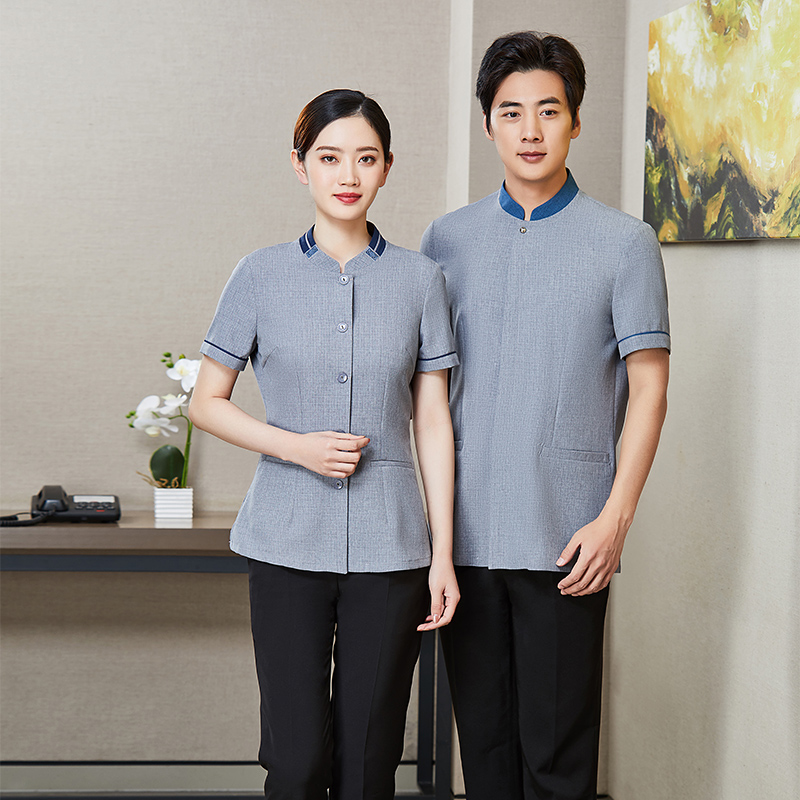 洁格麻拼色领绣花短袖保洁服上衣女款H01-2021-10图4