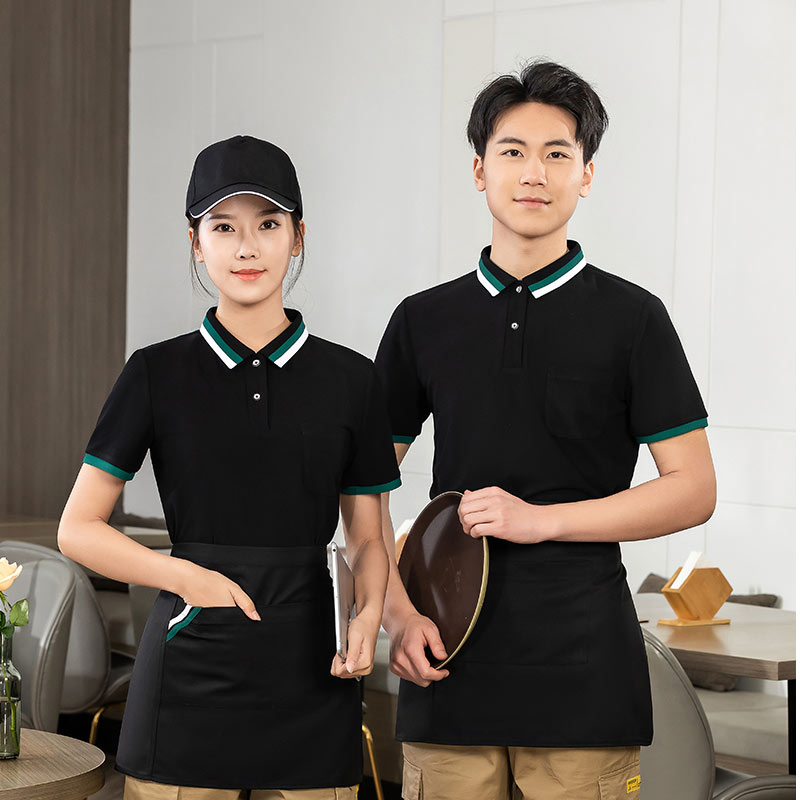 双色领T恤茶餐厅中餐厅服务员工作服通款H01-2023-01上衣+围裙图2