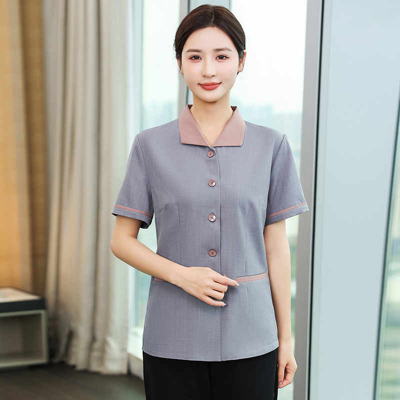 乐丽丝翻领高品质酒店保洁服短袖上衣H14-005-010女款图3