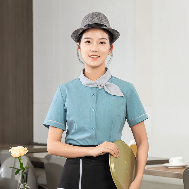 飘带领衬衣茶餐厅中餐厅服务员工作服短袖上衣+围裙H01-2023-03女款图3