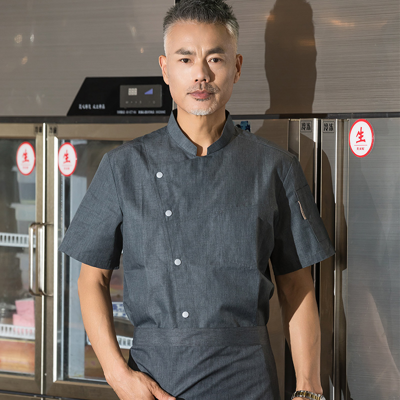 斜领单排扣酒店短袖厨师服上衣H01-2022-15图4
