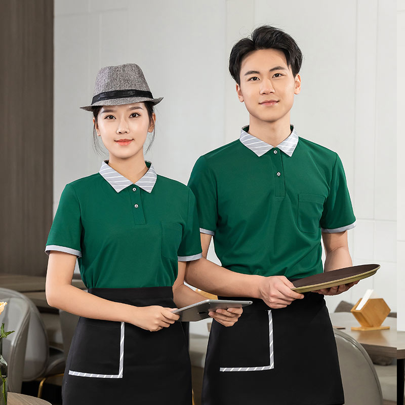 条纹领T恤茶餐厅中餐厅服务员工作服短袖上衣+围裙通款H01-2023-02图4
