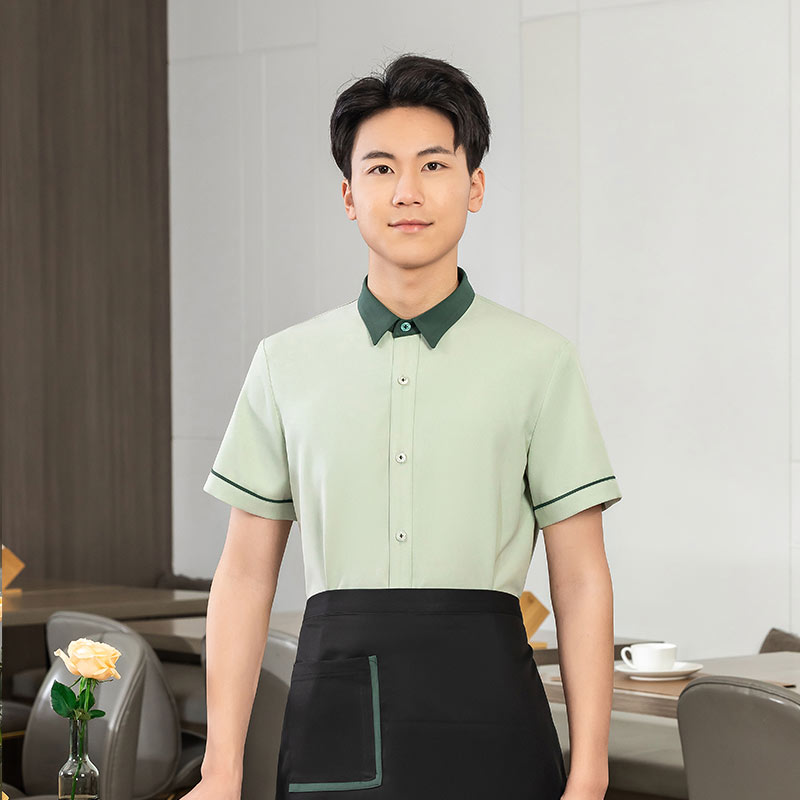 飘带领衬衣茶餐厅中餐厅服务员工作服短袖上衣+围裙H01-2023-03男款图2