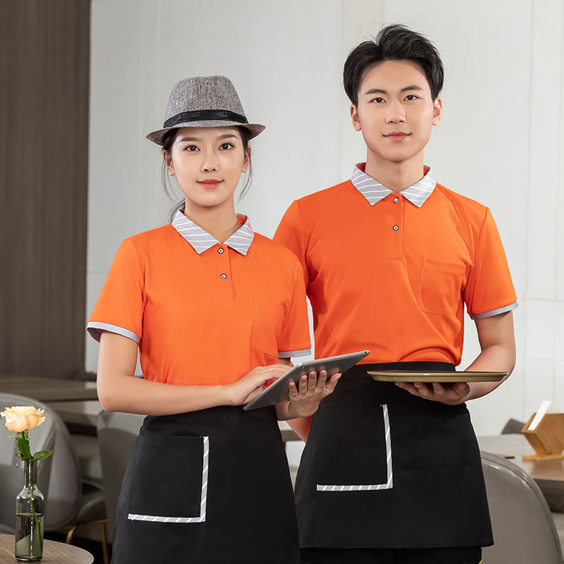 条纹领T恤茶餐厅中餐厅服务员工作服短袖上衣+围裙通款H01-2023-02图3
