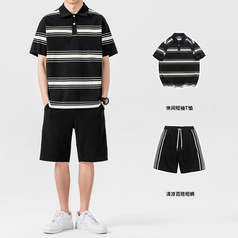 柔软舒适撞色条纹休闲短袖翻领polo衫套装KD3-TZ15图3
