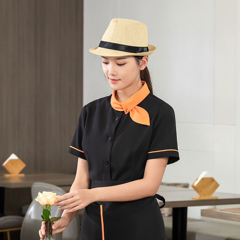 飘带领衬衣茶餐厅中餐厅服务员工作服短袖上衣+围裙H01-2023-03女款图5