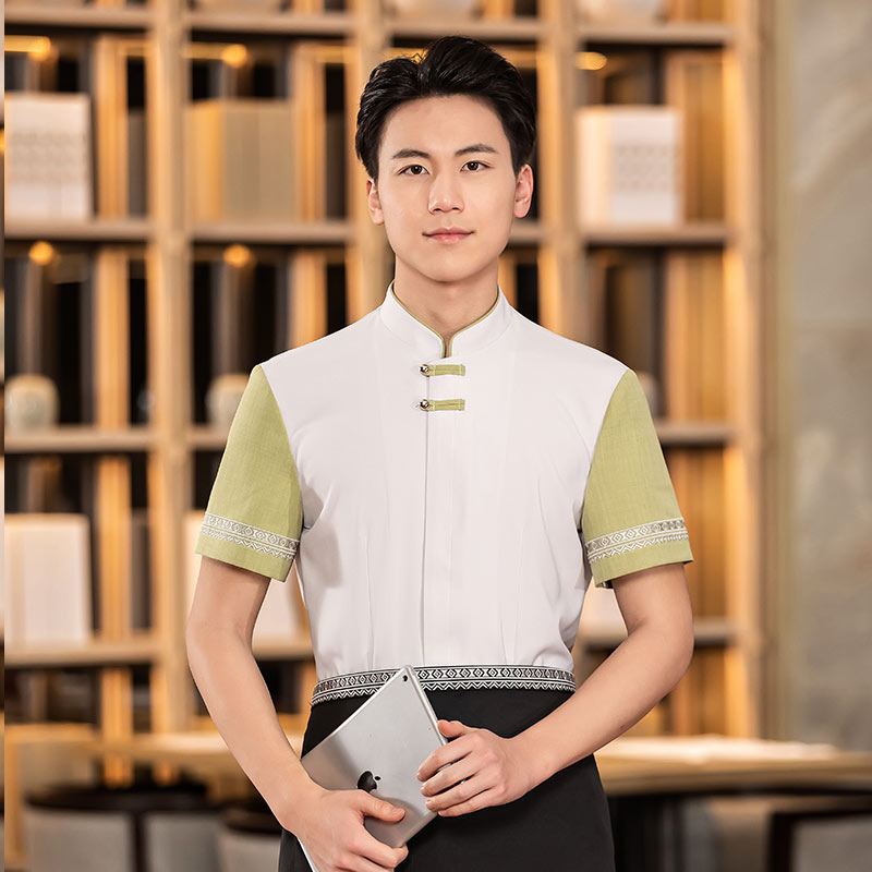 中餐双布扣茶餐厅中餐厅服务员工作服短袖上衣+围裙H01-2023-07男款图4