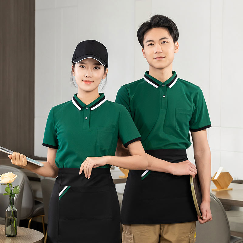 双色领T恤茶餐厅中餐厅服务员工作服通款H01-2023-01上衣+围裙图3