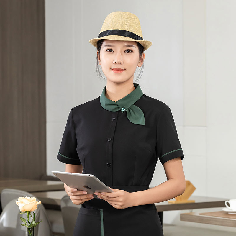 飘带领衬衣茶餐厅中餐厅服务员工作服短袖上衣+围裙H01-2023-03女款图4