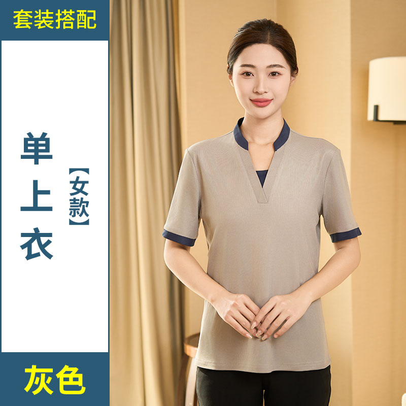 聚酯纤维珠地布T恤短袖V领保洁服H20-8061图5