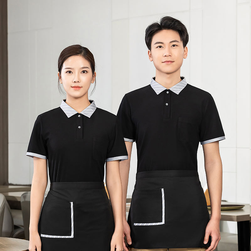 条纹领T恤茶餐厅中餐厅服务员工作服短袖上衣+围裙通款H01-2023-02图2