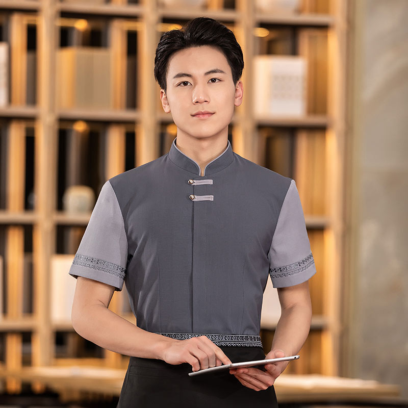 中餐双布扣茶餐厅中餐厅服务员工作服短袖上衣+围裙H01-2023-07男款图5