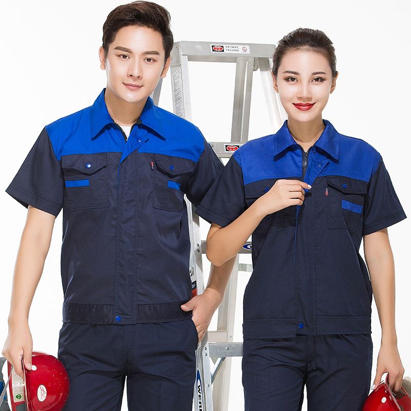 涤棉翻领拼色工装短袖套装H30-H069套装图3