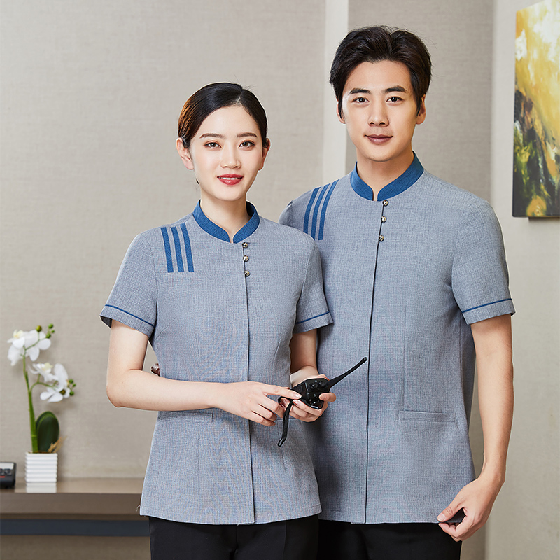 洁格麻中式立领暗门襟短袖保洁服上衣H01-2021-08图3
