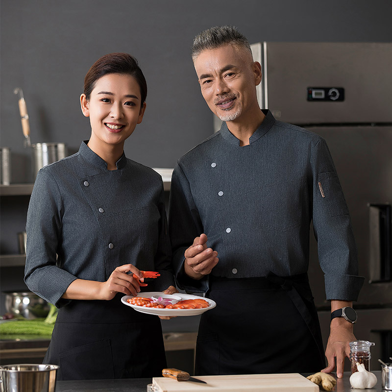 斜领按扣长袖厨师服上衣H01-2022-26图4