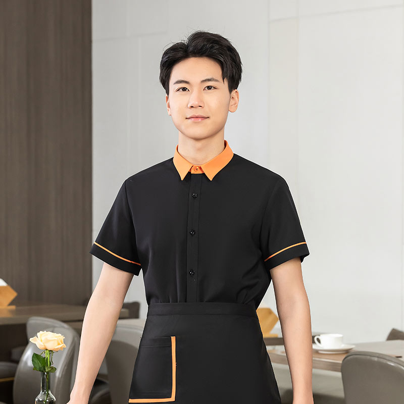 飘带领衬衣茶餐厅中餐厅服务员工作服短袖上衣+围裙H01-2023-03男款图5