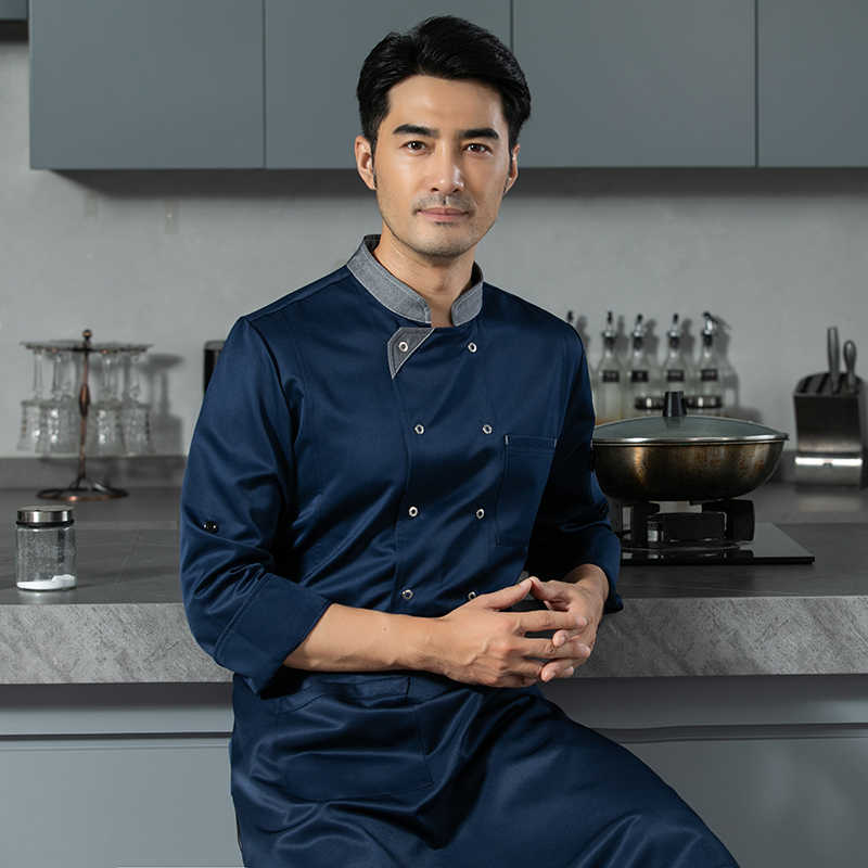 高品质耐脏易洗长袖厨师服H12-彩领图3