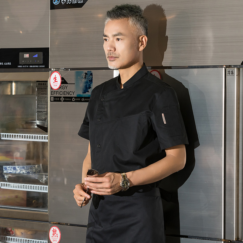 斜领单排扣酒店短袖厨师服上衣H01-2022-15图2