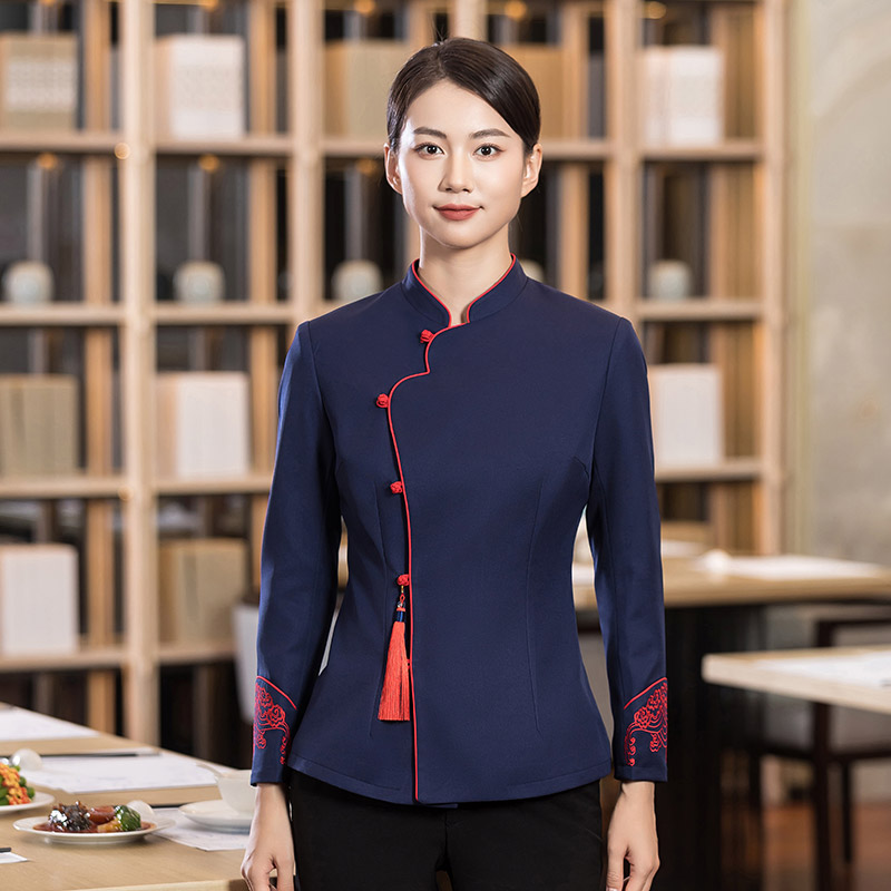 中式布扣餐饮服务员工作服H01-2022-33女款图2