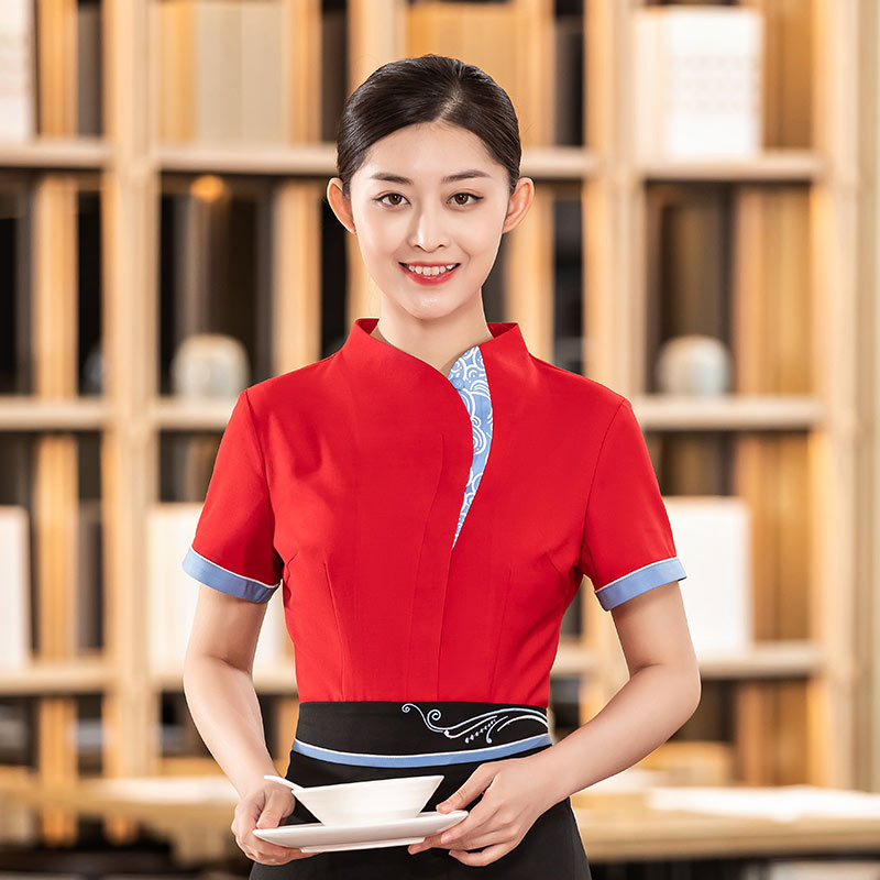 中餐波浪花茶餐厅中餐厅服务员工作服短袖上衣+围裙H01-2023-08女款图4